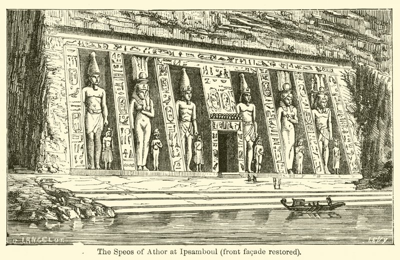 O Speos of Athor em Ipsamboul, fachada frontal restaurada (gravura) de French School