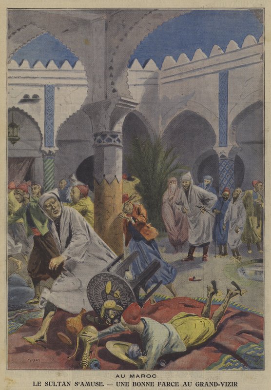 O Sultão de Marrocos diverte-se pregando uma partida no seu Grand Vizier (cor litho) de French School