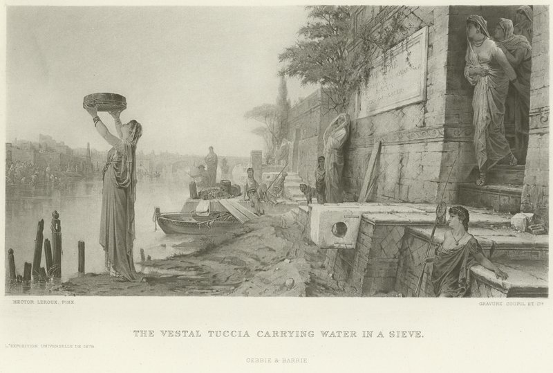 O Vestal Tuccia transportando água em uma peneira (gravura) de French School