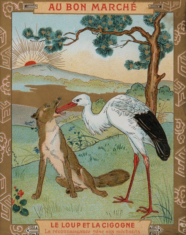 O Lobo e o Grou, uma das fábulas de Esopo (chromolitho) de French School