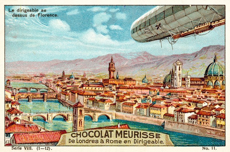 O dirigível acima de Florença (chromolitho) de French School