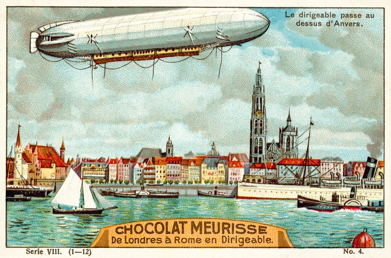 O dirigível que passa sobre Antuérpia (chromolitho) de French School