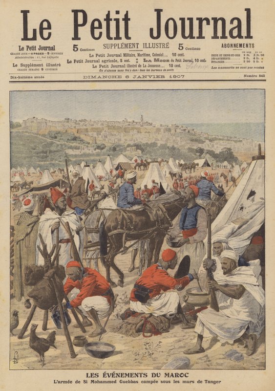 O exército de Mohammed Guebbas acampado sob as muralhas de Tânger, Marrocos (cor litho) de French School