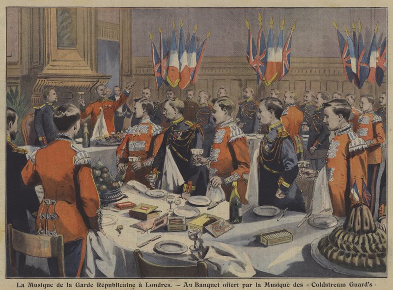 A banda da Guarda Republicana Francesa num banquete oferecido pela banda dos Guardas do Coldstream em Londres (cor litho) de French School