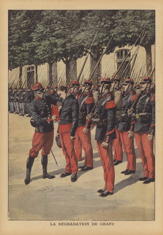 A degradação de Georges Graby, um soldado francês que assassinou a viúva abastada de uma antiga (cor litho) de French School