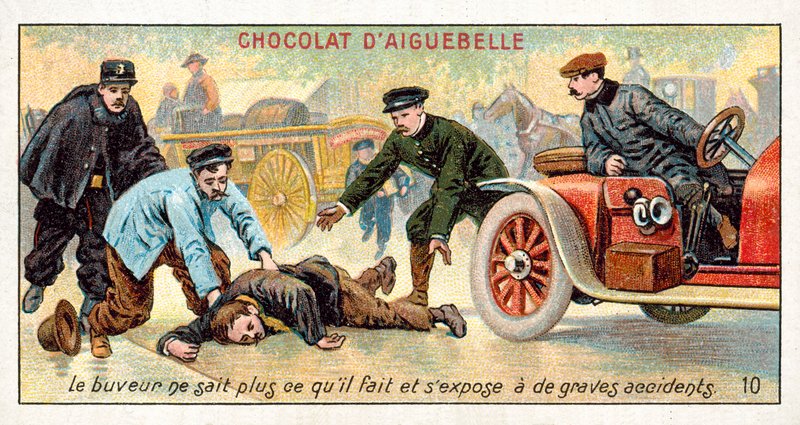 O bêbado não sabe o que está fazendo e se expõe ao risco de acidentes graves (chromolitho) de French School