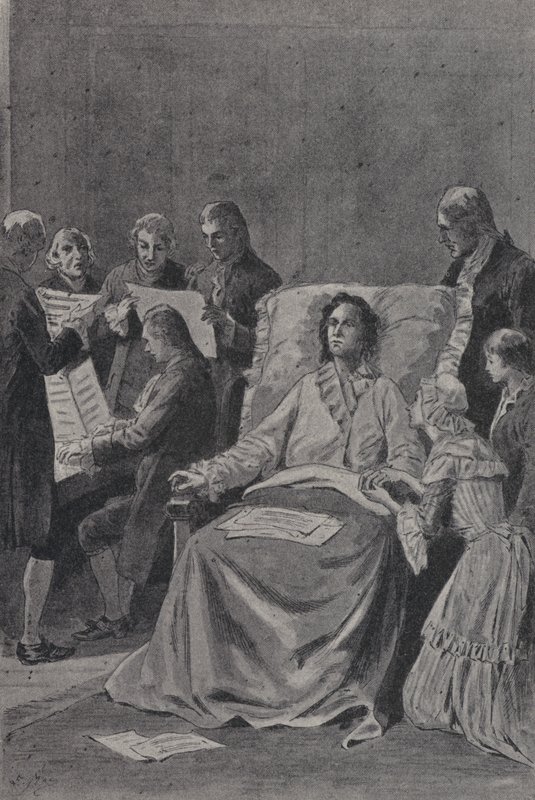 O moribundo Wolfgang Amadeus Mozart ouvindo seus amigos interpretando sua cantata Em Louvor da Amizade (gravura) de French School