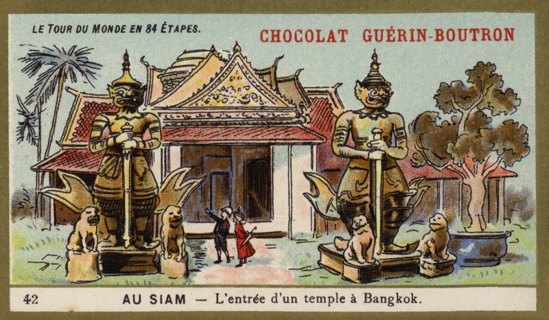 A entrada de um templo em Banguecoque, Sião (chromolitho) de French School
