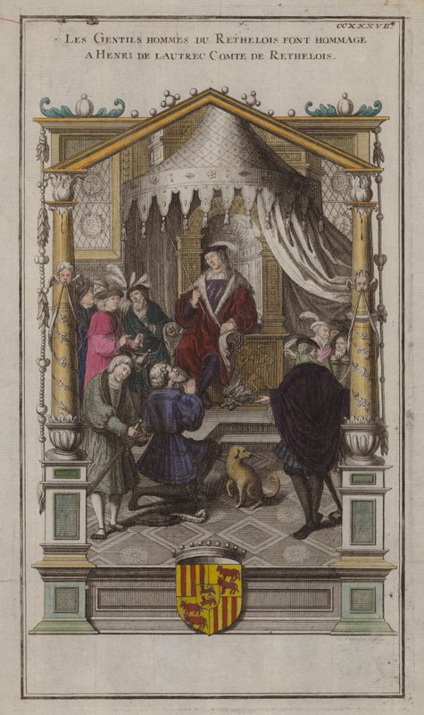 Os senhores de Rethelois prestam homenagem a Henri de Lautrec, Comte de Rethelois (gravura colorida) de French School