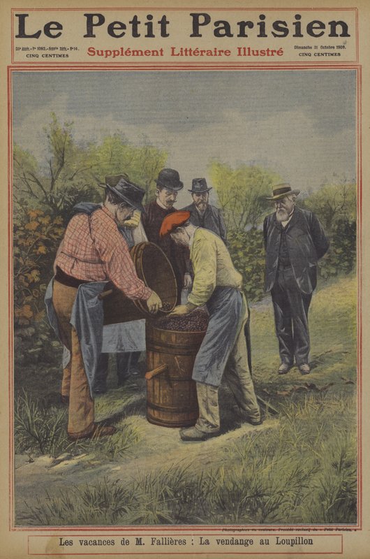 As férias do Presidente Fallieres de França: a vindima em sua casa na aldeia de Loupillon (cor litho) de French School