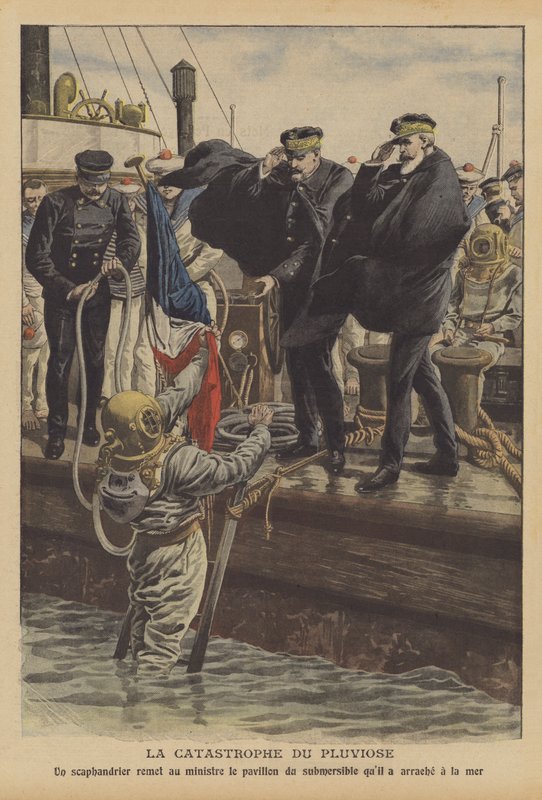 A perda do submarino da marinha francesa Pluviose (cor litho) de French School