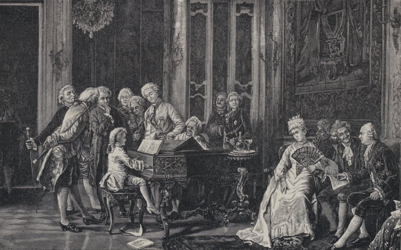 Wolfgang Amadeus Mozart, de sete anos, tocando diante do rei George III em Londres, em 1764 de French School