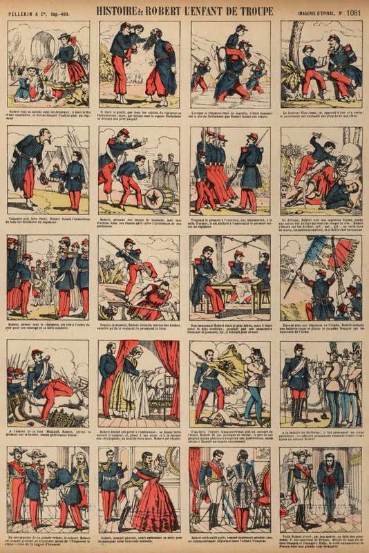 A história de Robert, o filho da tropa (gravura colorida) de French School