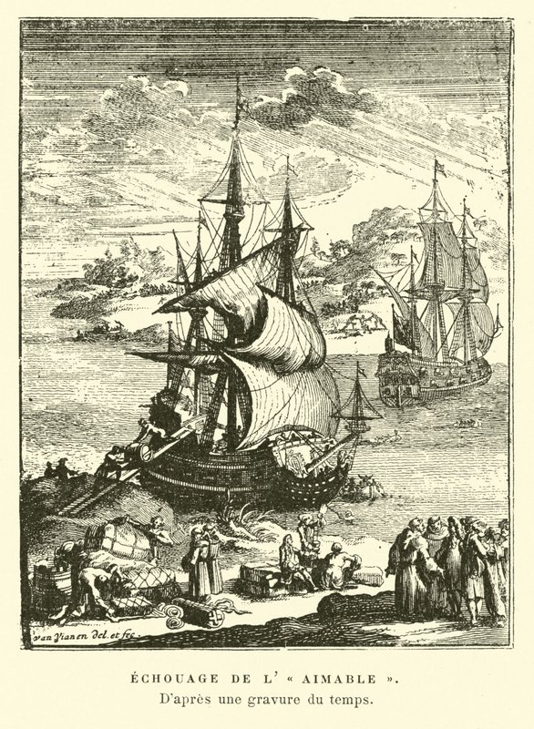 O encalhe de lima, Matagorda Bay, Texas, 1685 de French School