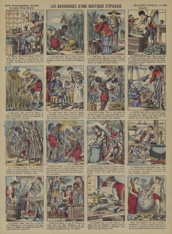 Os contos dos produtos em uma mercearia (cor litho) de French School