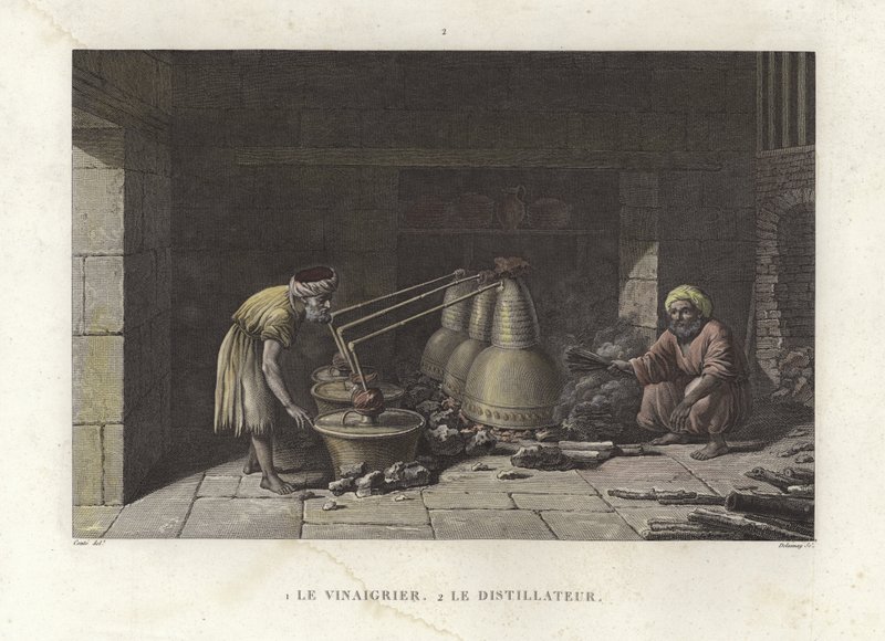 O fabricante de vinagre tendendo para seus alambiques (gravura colorida) de French School