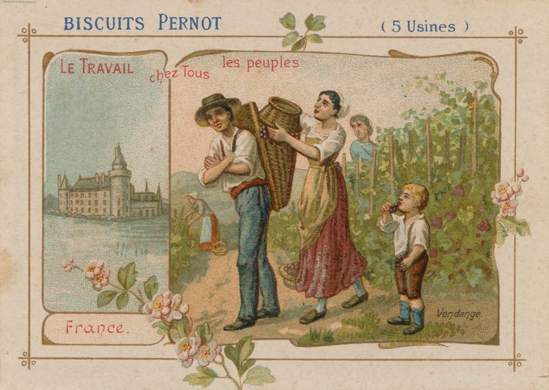 O trabalho da ilustração de pessoas em um rótulo de biscoito de French School