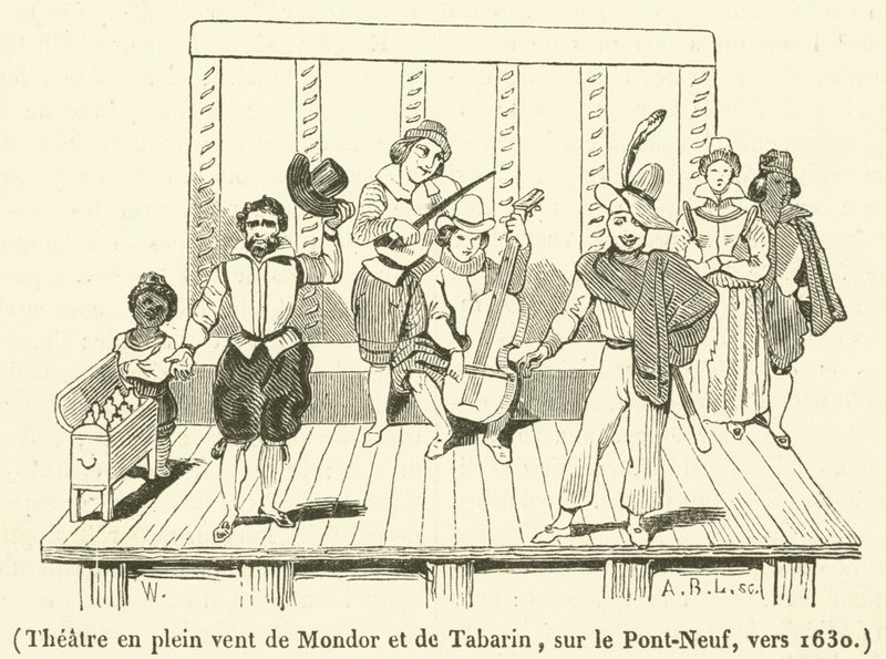 Teatro en plein vent de Mondor et de Tabarin, no Pont-Neuf, por volta de 1630 (gravura) de French School