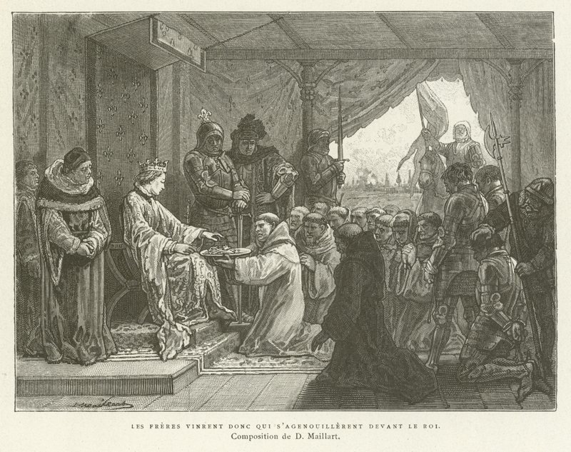 Então vieram os frades que se ajoelharam diante do rei de French School