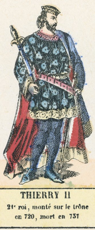 Thierry II, 21º rei, ascendeu ao trono em 720, morreu em 737 (gravura colorida) de French School