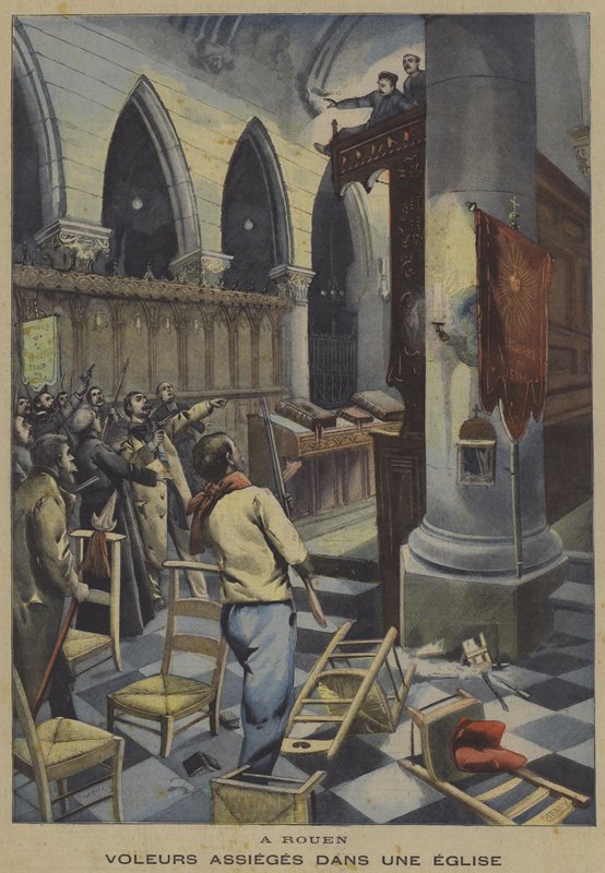Ladrões sitiados em uma igreja em Rouen (cor litho) de French School