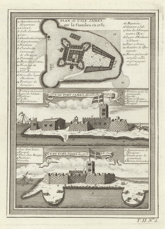 Três vistas de Fort James na Gâmbia de French School