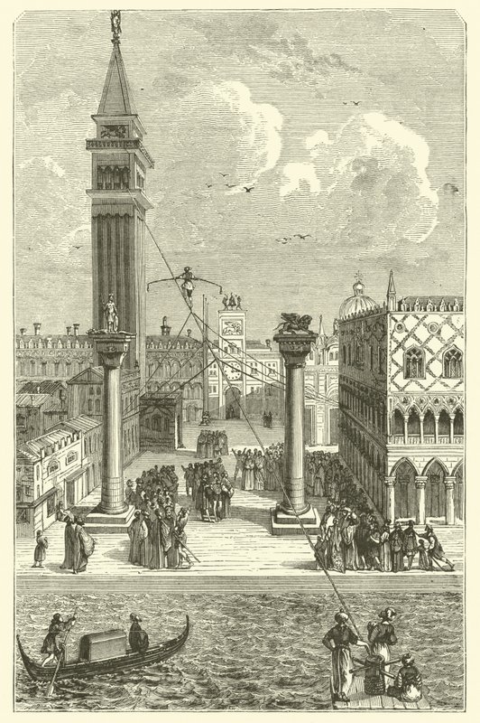 Caminhante de corda bamba em Veneza (gravura) de French School