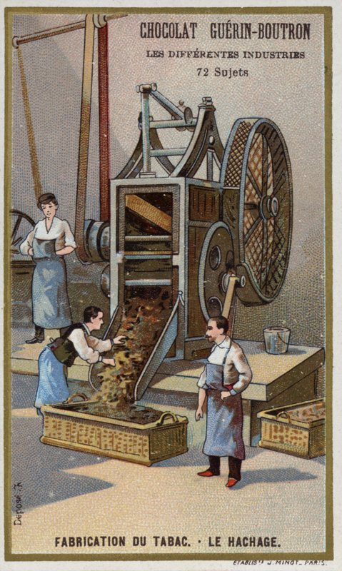 Fabrico de tabaco. Trituração de folhas (chromolitho) de French School