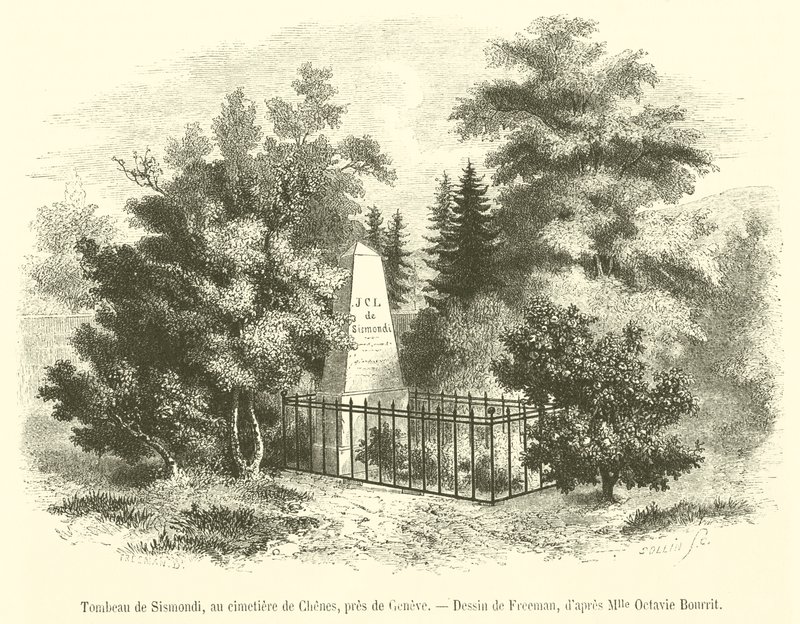 Túmulo de Sismondi, no cemitério de Chenes, perto de Genebra (gravura) de French School