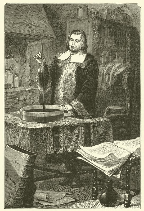 Torricelli inventando o barômetro (gravura) de French School