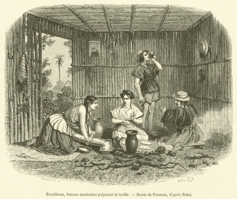 Tortilleras, mulheres mexicanas preparando a tortilha (gravura) de French School