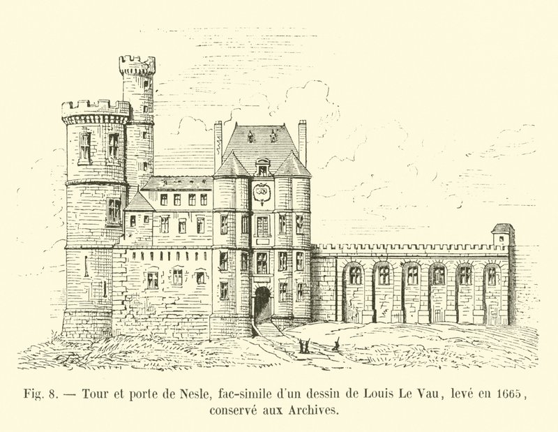 Tour e Porte de Nesle, fac-símile de um desenho de Louis Le Vau, criado em 1665, guarda nos Arquivos de French School