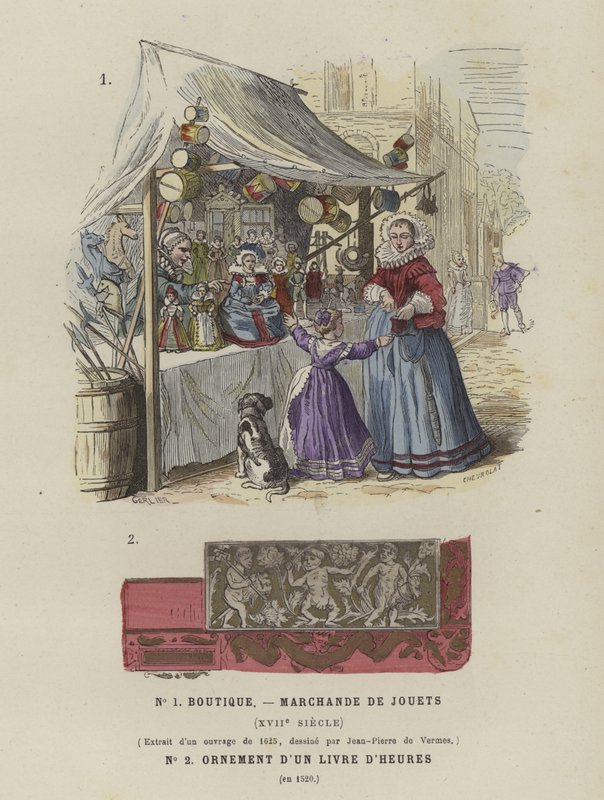 Vendedores de brinquedos empatam, século 17, e decoração de um livro de horas, 1520 de French School