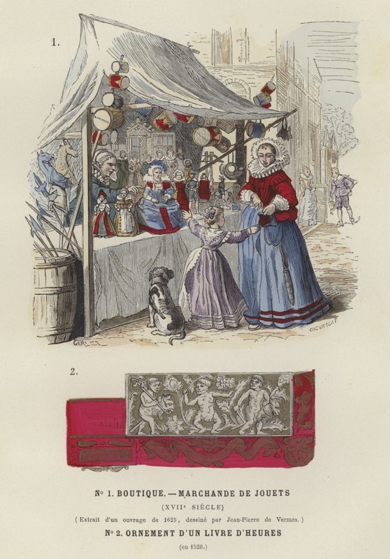 Tenda de brinquedo, do século 17 e detalhes decorativos de um livro de horas, 1520 de French School