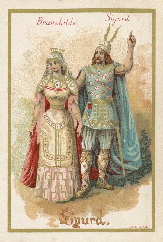 Cartão de comércio representando Brunehilde e Sigurd de French School