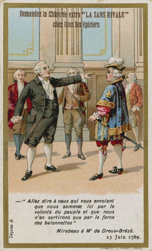 Cartão comercial mostrando a resposta do conde de Mirabeau ao marquês de Dreux-Breze de French School