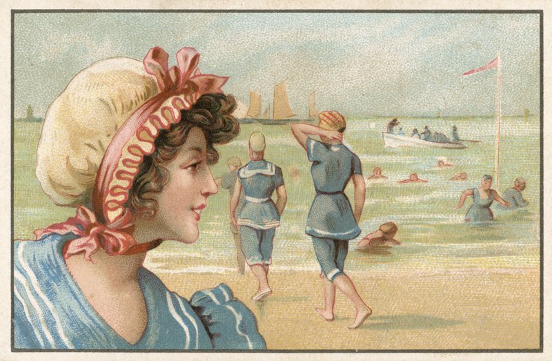 Cartão de comércio com uma imagem de close-up de uma mulher em beachwear de French School