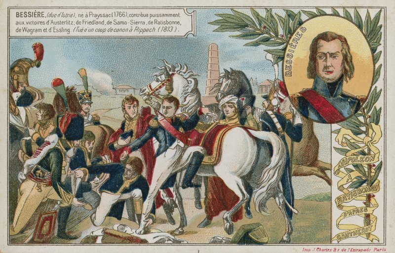 Cartão de comércio com uma imagem representando Napoleão Bonaparte em Ratisbonne de French School