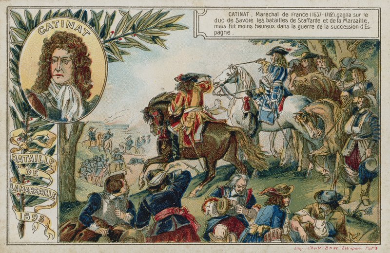 Cartão de comércio com uma imagem representando a Batalha de Marsaglia de French School