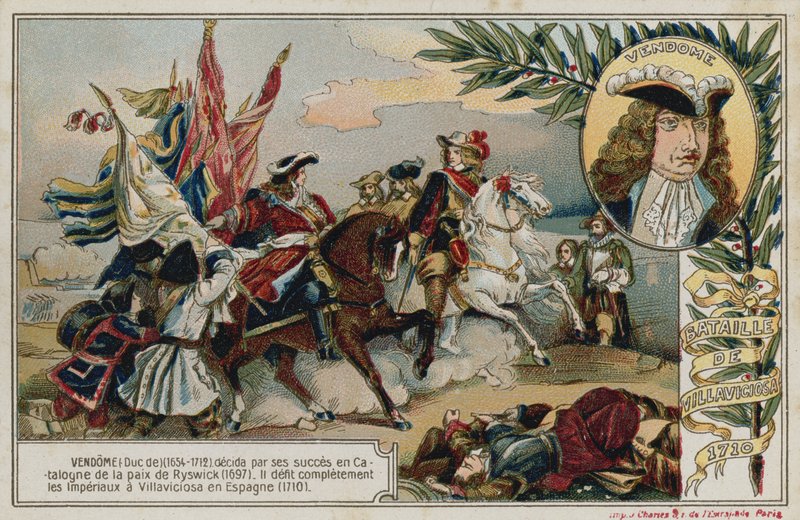 Cartão de comércio com uma imagem representando a Batalha de Villaviciosa de French School