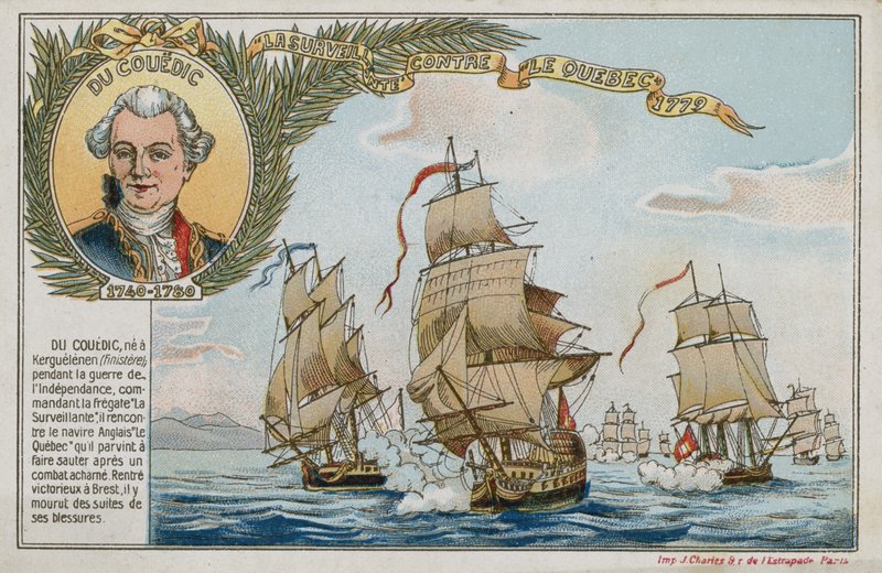 Cartão de comércio com uma imagem representando o Surveillante contra HMS Quebec de French School