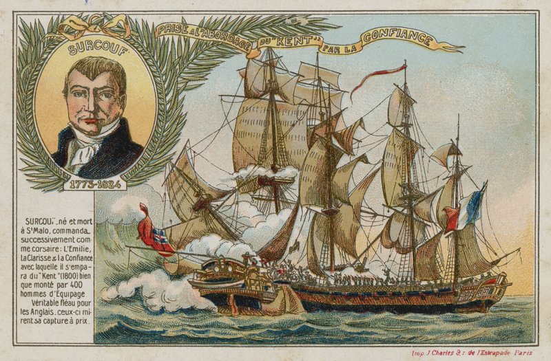 Cartão de comércio com uma imagem representando a captura do East Indiaman Kent pelo Confiance de French School