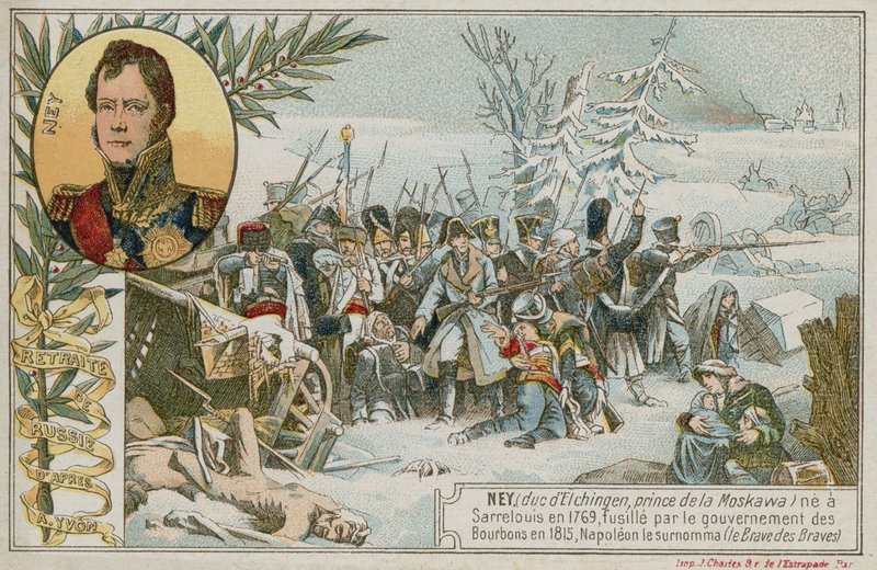 Cartão de comércio com uma imagem representando o recuo da Rússia de French School