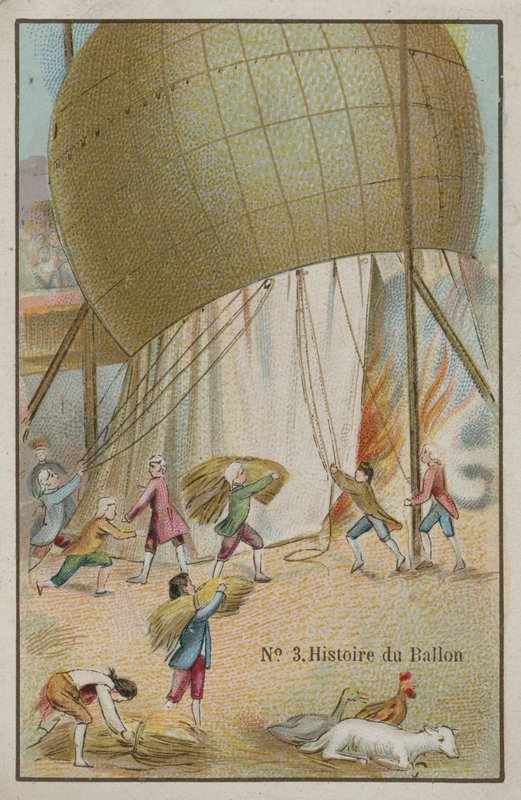 Cartão de comércio com uma imagem da história do balão de French School