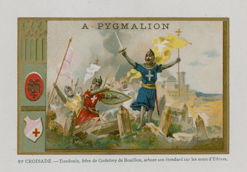 Cartão de comércio com uma imagem da Primeira Cruzada de French School