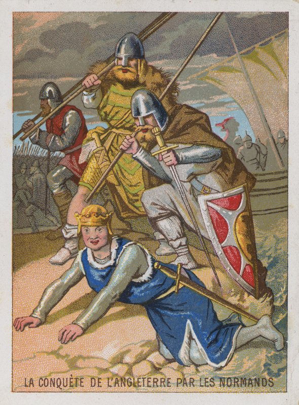 Cartão de comércio com uma imagem da conquista da Inglaterra pelos normandos de French School