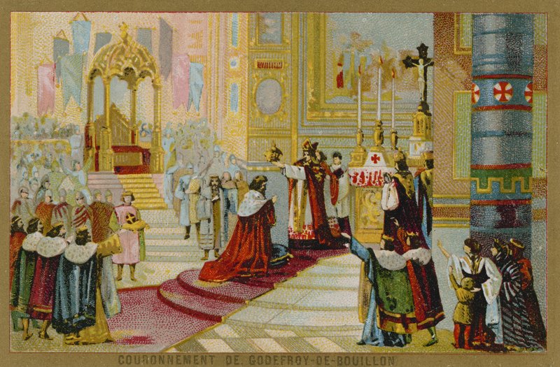 Cartão de comércio com uma imagem da coroação de Godefroy de Bouillon de French School