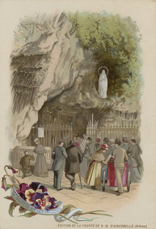 Cartão de comércio com uma imagem da gruta em Lourdes de French School