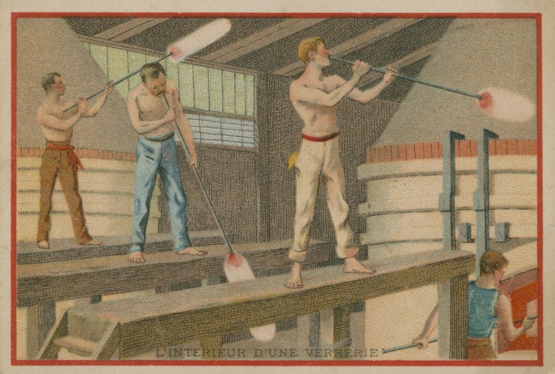 Cartão de comércio com uma imagem do interior de um glassworks de French School