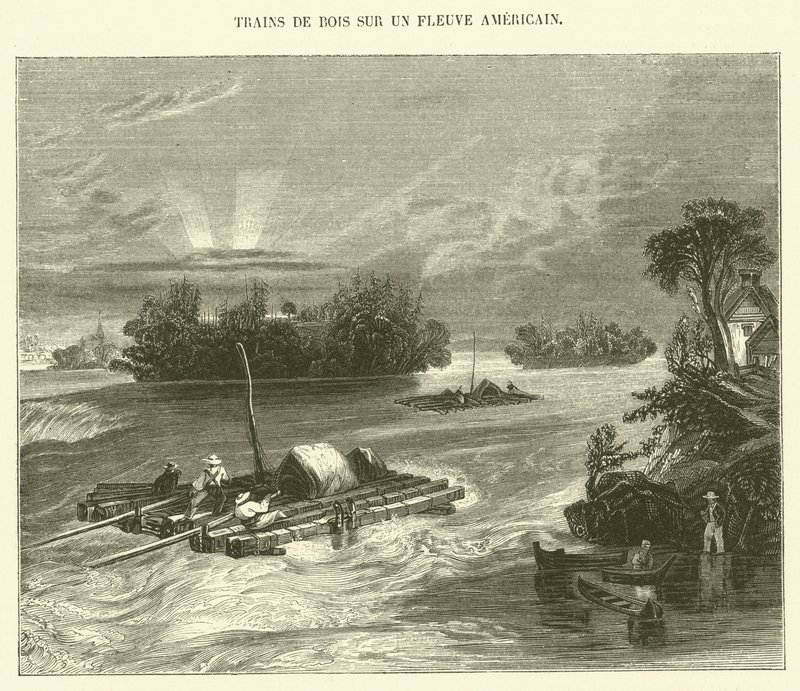 Trens de madeira em um rio americano (gravura) de French School